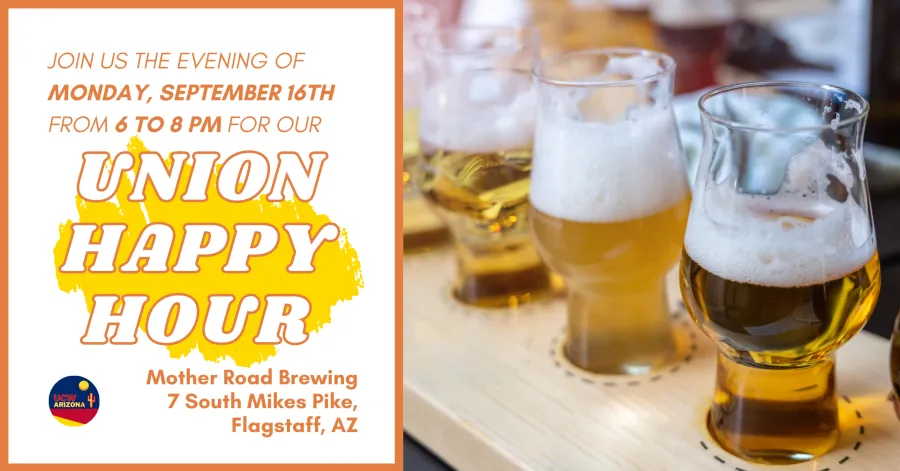 Flyer. On the right is a picture of three glasses of beer. On the left is "Join us on September 16th from 6 to 8pm for our Union Happy Hour at Mother Road Brewing."