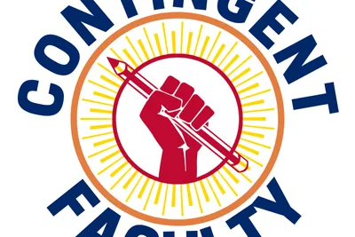 Contingent faculty logo. A red hand in a fist holding a pencil, surrounded by yellow sun beams, surrounded by a circle, with circular text reading "contingent faculty"