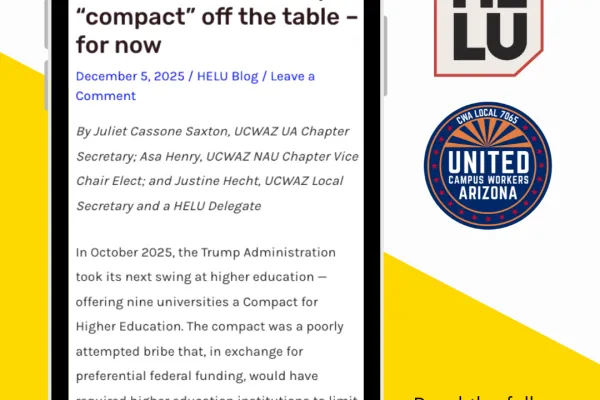 Flyer featuring the text of the article "UCWAZ smacks Trump compact off the table - for now" on a small smartphone.