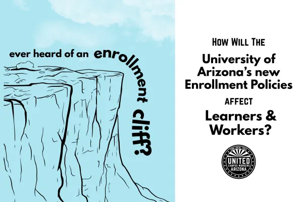 Light blue graphic featuring a cliff and clouds on a sky-blue background. Black text over the cliff reads "ever heard of an enrollment cliff?" Black text on the right side of the graphic reads "How will the University of Arizona's new enrollment policies affect learners & workers?" Below the text is the UCWAZ logo in black.