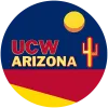 UCWAZ logo - in red, "UCW." In yellow, "Arizona." To the right of the text is a red and yellow cactus, above the text is a yellow sun. Background is dark blue and below the text is red and yellow.