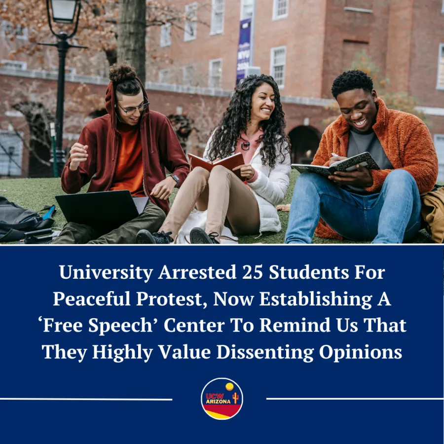 Picture of three students sitting on a university lawn, laughing with eachother. Underneath in white over a blue background reads "university arrested 25 students for peaceful protest, now establishing a "free speech" center to remind us that they highly value dissenting opinions"