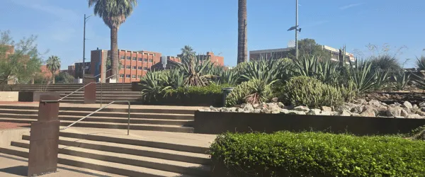 Wide, short image of the University of Arizona outside in the sun. The main focus of the image is on a staircase outside of the Optical Sciences building on Cherry Ave. The viewer can see some foliage and brick buildings in the distance.