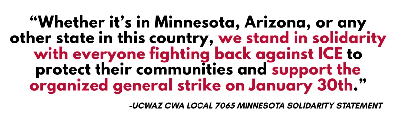 Quote from the below statement, in red and black text. Mentions standing in solidarity with everyone fighting back against ICE.