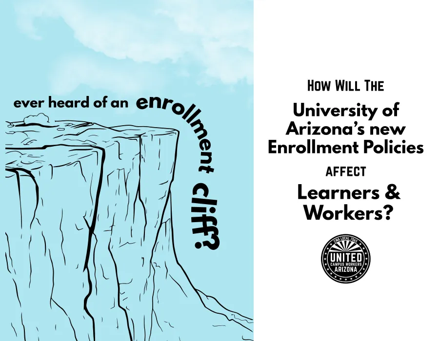 Light blue graphic featuring a cliff and clouds on a sky-blue background. Black text over the cliff reads "ever heard of an enrollment cliff?" Black text on the right side of the graphic reads "How will the University of Arizona's new enrollment policies affect learners & workers?" Below the text is the UCWAZ logo in black.