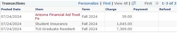 Picture of a graduate student's fees that were waived.