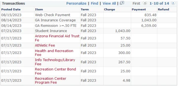 Picture of a graduate student's fees that were waived.
