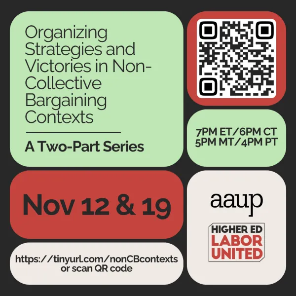 HELU flyer "organizing strategies in a non-collective bargaining context. November 12 and 19"