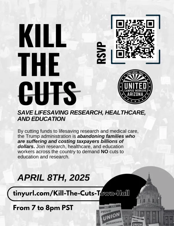 Kill the Cuts flyer in black and white. Features a QR code to register, the UCWAZ logo, and a short description of Kill the Cuts.