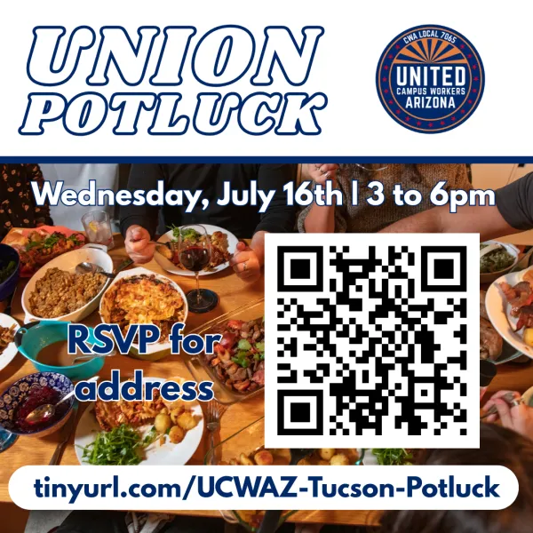 Square flyer advertising the Tucson potluck on Wednesday, July 16th from 3 to 6pm.