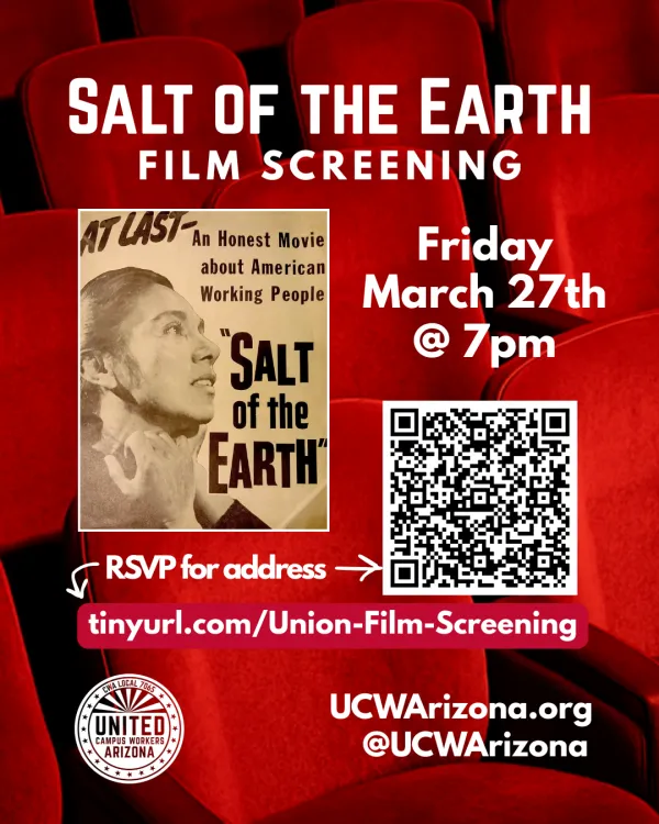 Flyer advertising the Salt of the Earth screening on Friday, March 27th.