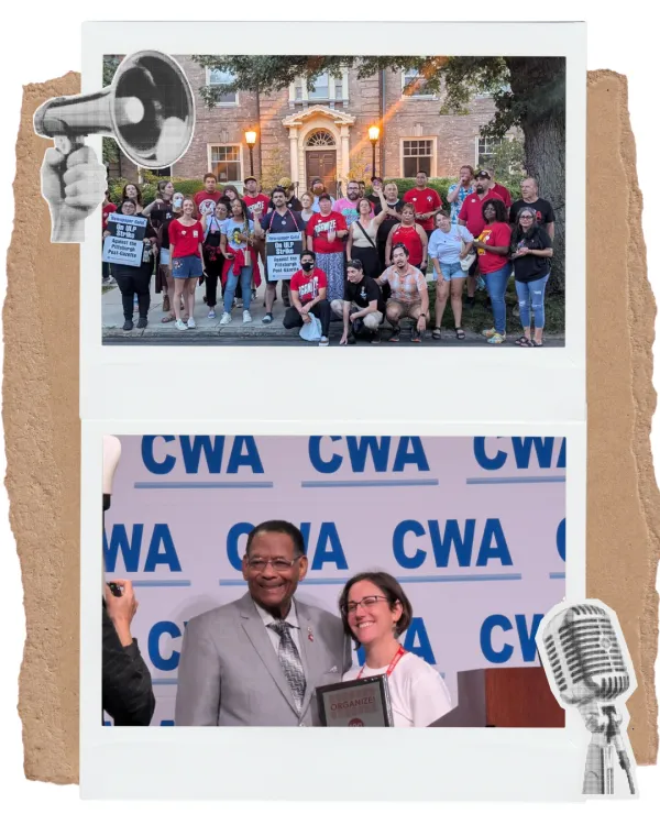Two photos in polaroid frames on top of a brown paper background. The top photo is a group of 30ish people, protesting in CWA shirts. The bottom picture is a UCWAZ member holding a tropy with CWA president Claude Cummings.