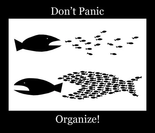 Graphic showing two images: one of a big fish going after a bunch of small fish. The second image is the big fish being chased by all the little fish, who have banded together in the shape of a large fish. The caption reads "Don't panic, organize!"