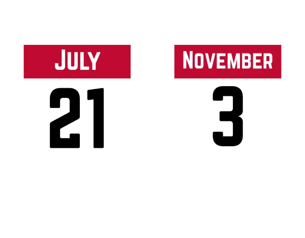 Two calendar icons. The first says "July 21st, Primary Election". The second reads "November 3rd, General Election".