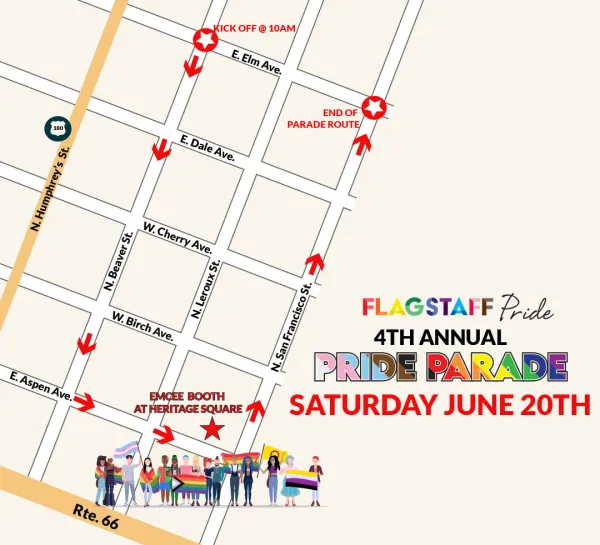 Graphic of a map depicting the route of the 2026 Pride in the Pines parade on Saturday June 20th. The parade starts at the intersection of Elm and Beaver.