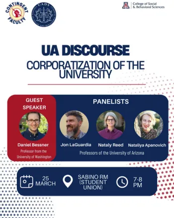 UA Discourse flyer: with Daniel Bessner, Jon LaGuardia, Nataly Reed.